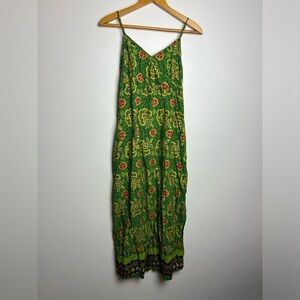 Cozy by metro Vtg Boho Art wear Y2K Slip Side Green gold Midi Dress tank Size L